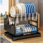 1pc Black Space-Saving 2-Tier Dish Rack
