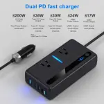 200W Car Power Inverter DC 12V to 110V AC Car Inverter 4 USB Ports Charger Adapter Car Plug Converter with Switch and Current LCD Screen